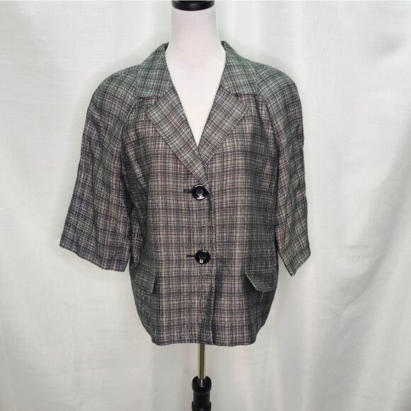 Talbots Black Plaid Quarter Sleeve Button Front Blazer Jacket Size 14 - Picture 10 of 13